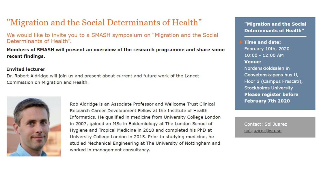 SMASH_Research's tweet photo. 📢Do not miss the SMASH symposium on “Migration and the social determinants of health” on February 10 with a presentation of the Lancet Commission on Migration and Health by Rob Aldridge from University College London. More details and registration here:  https://t.co/dJ9qXu4nYM https://t.co/8Ez0fIcGC9