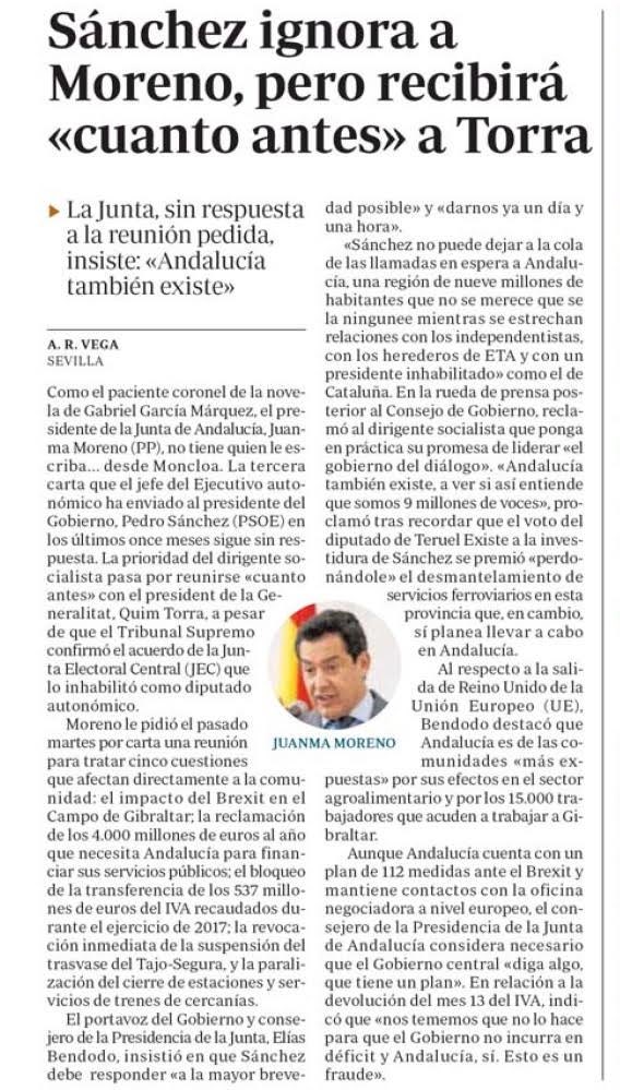 Así maltrata #PedroSánchez a nuestra tierra despreciando al presidente de #Andalucía y a los andaluces. Prefiere hablar con el inhabilitado Torra para apuntalar su endeble gobierno a escuchar nuestras justas demandas.
Y mientras el #PSOE andaluz sigue humillándose con su silencio