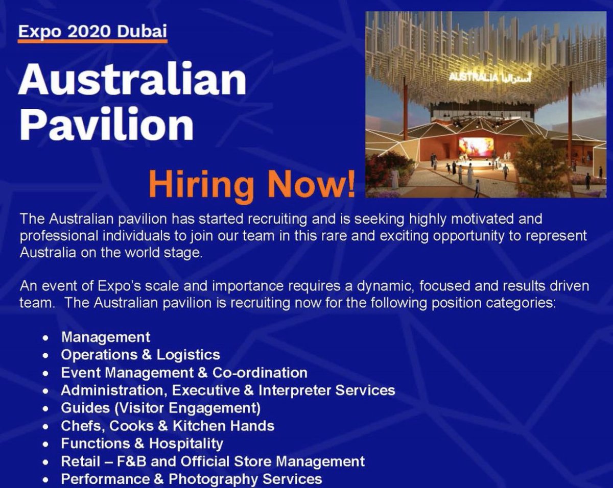 Job opportunities are now available with the #AustralianPavilion. Are you a highly motivated professional? Click on the link below to view and apply for the various positions available australiaexpo2020.com/news/we-are-hi…