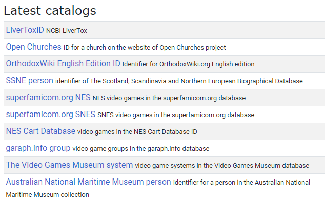Latest catalogs list from Wikidata MixnMatch