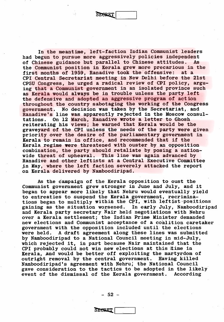 11/n Ranadive recommended that if the Kerala regime were threatened with ouster by an opposition combination, the party should retaliate by posing a nation- wide threat of upheaval.
