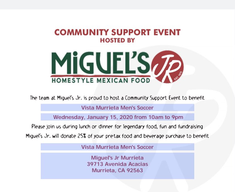 VMHS Men's Soccer (@vmhsmenssoccer) on Twitter photo Come join Bronco Soccer tomorrow and eat some food for a good cause. Show the flier or mention Bronco Soccer and help us out! <a href="/vmhs_athletics/">VMHSathletics</a> <a href="/VMHSUPDATES/">Vista Murrieta</a> @VistaBBC <a href="/MurrietaUSD/">MurrietaUSD</a> @principalwager @Carl_Galloway <a href="/MurrietaPatch/">Murrieta Patch</a> <a href="/CityOfMurrieta/">City of Murrieta</a> Come join Bronco Soccer tomorrow and eat some food for a good cause. Show the flier or mention Bronco Soccer and help us out! <a href="/vmhs_athletics/">VMHSathletics</a> <a href="/VMHSUPDATES/">Vista Murrieta</a> @VistaBBC <a href="/MurrietaUSD/">MurrietaUSD</a> @principalwager @Carl_Galloway <a href="/MurrietaPatch/">Murrieta Patch</a> <a href="/CityOfMurrieta/">City of Murrieta</a>