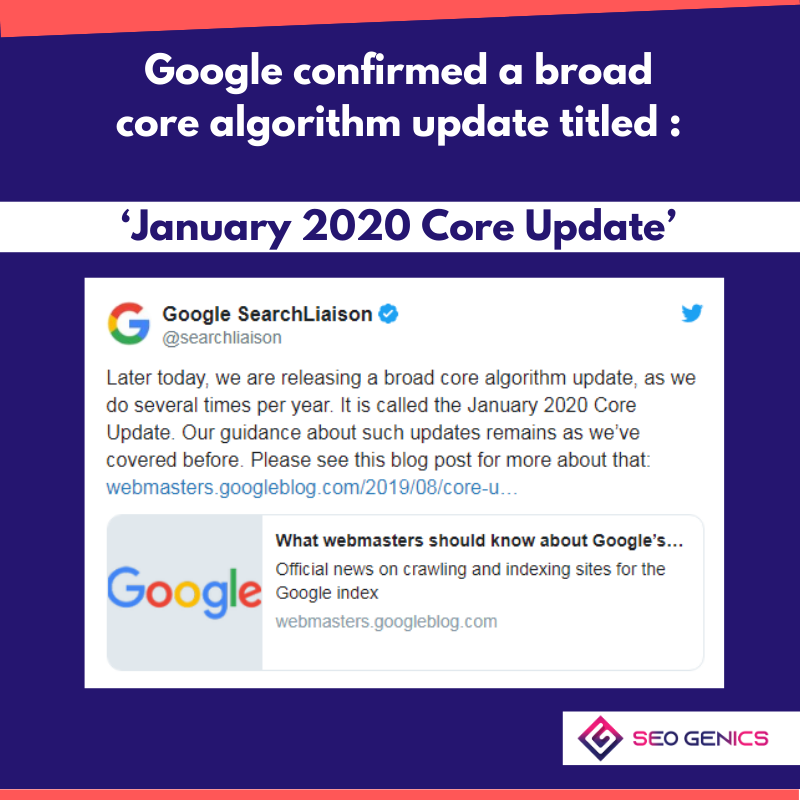 seogenics's tweet image. The first update of 2020. Here it is. Google has come out with yet another update called January 2020 core update!! 

#googlecoreupdate #2020googleupdate #january2020coreupdate #seo2020 #digitalmarketing #digitalmarketingservices #digitalmarketingagency #seoagency #SEOGenics