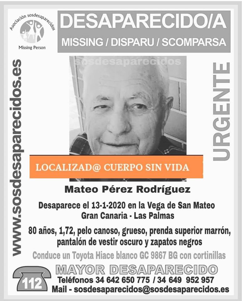 guardiacivil's tweet photo. 📣 Lamentamos comunicar que ha sido localizado el cuerpo sin vida de Mateo, el #mayor que había #desaparecido en #SanMateo #GranCanaria.
Gracias por vuestra #colaboración en la difusión de la #desaparición.
#LasPalmas #Telde
|#ALERTADESACTIVA! https://t.co/aopgf56dGs