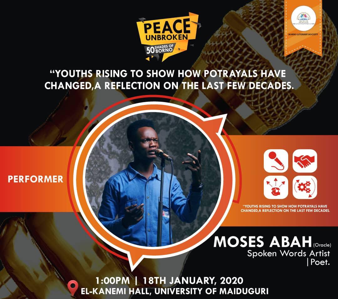 Bornolitsociety's tweet photo. Meet Oracle, Founder #WordTour, Oracle's Pen. An entrepreneur and a Spoken Word Artist. Be at #PeaceUnbroken #50ShadesOfBorno so he pronounces you correctly. https://t.co/6YpbYFsbJY