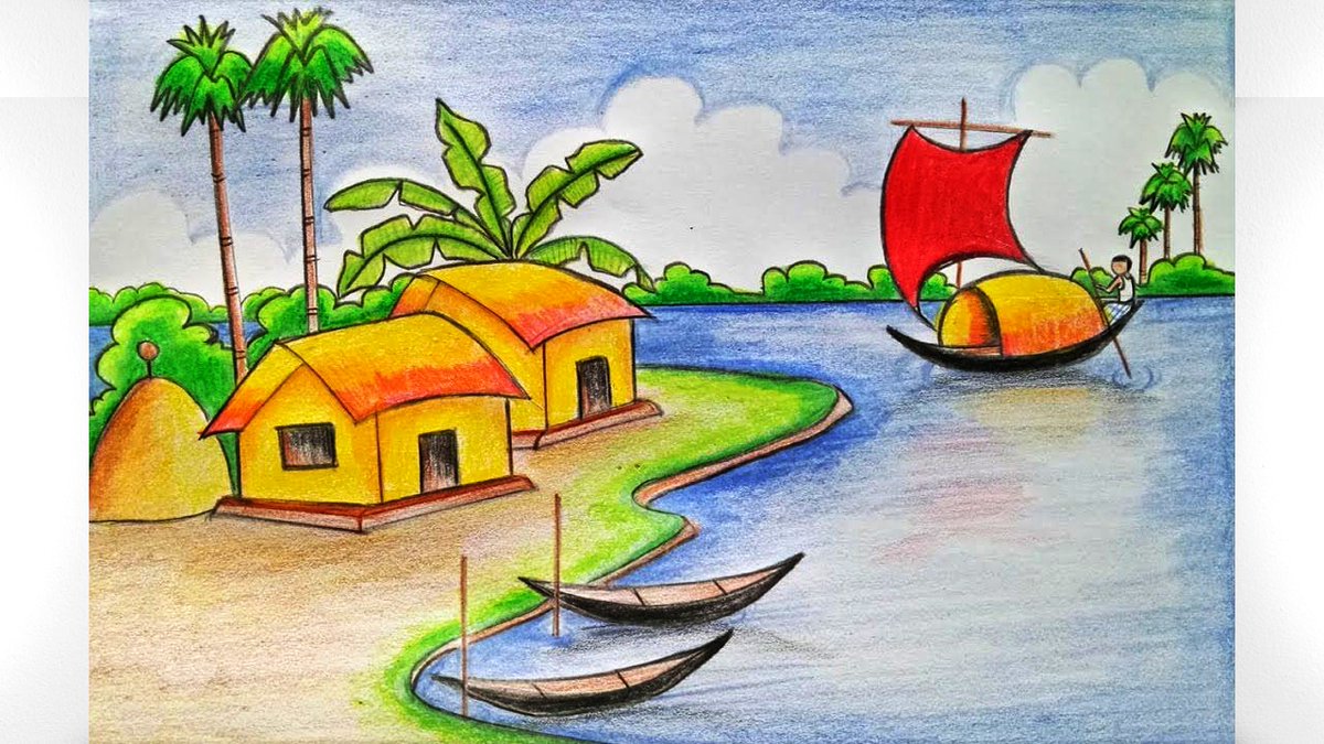 How to draw a scenery of river with boat _ easy drawing for kids ( 306 ) -  video Dailymotion