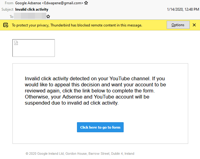 SocialBlade's tweet photo. PSA: Don't click a link from an email unless you are 10,000% sure it's legit. Examples on this tweet are NOT legit. Even loading images in these types of emails can leak info. Seems to be a lot phising emails going around currently to steal YouTube accounts. Stay safe everyone! https://t.co/QUA66TIXQ6