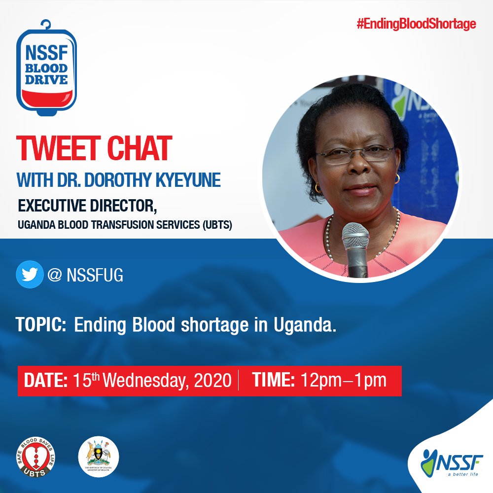 nssfug's tweet photo. Do you have any questions about blood donation?

We will host Dr. Dorothy Kyeyune Executive Director - Uganda Blood Transfusion Services (UBTS) this Wednesday from 12pm -1pm as she responds to all your queries.

#EndingBloodShortage https://t.co/YId8CXWbqx