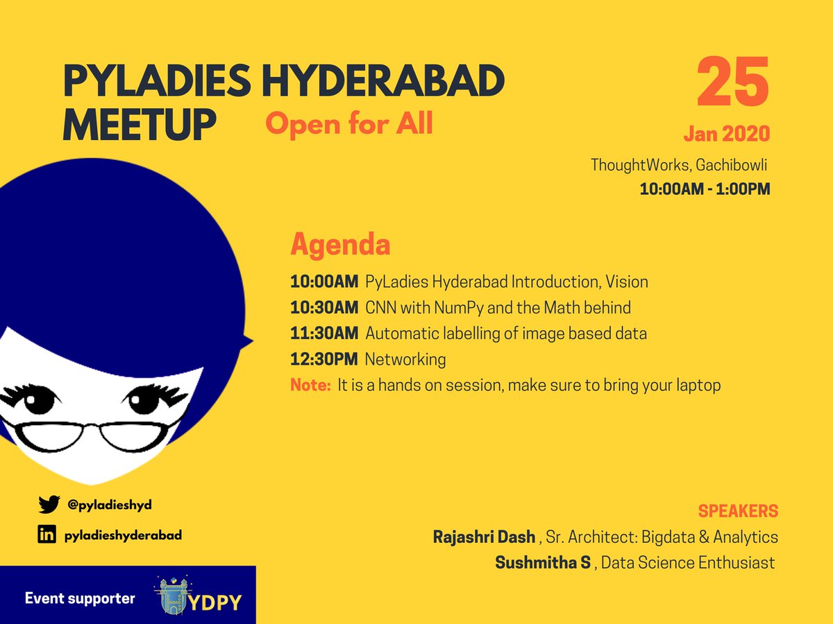 pyladieshyd's tweet photo. Announcing next #PyLadiesHyd meetup for coming 25th January 2020. We have two awesome speakers @rajashridash  and @Sushmitha S  this time.
Please do check out the meetup page for more details -  
https://t.co/PnEh6YVwk7
NOTE: On demand, this meetup is OPEN FOR ALL
 @hydPython https://t.co/p4DXsMxPWA