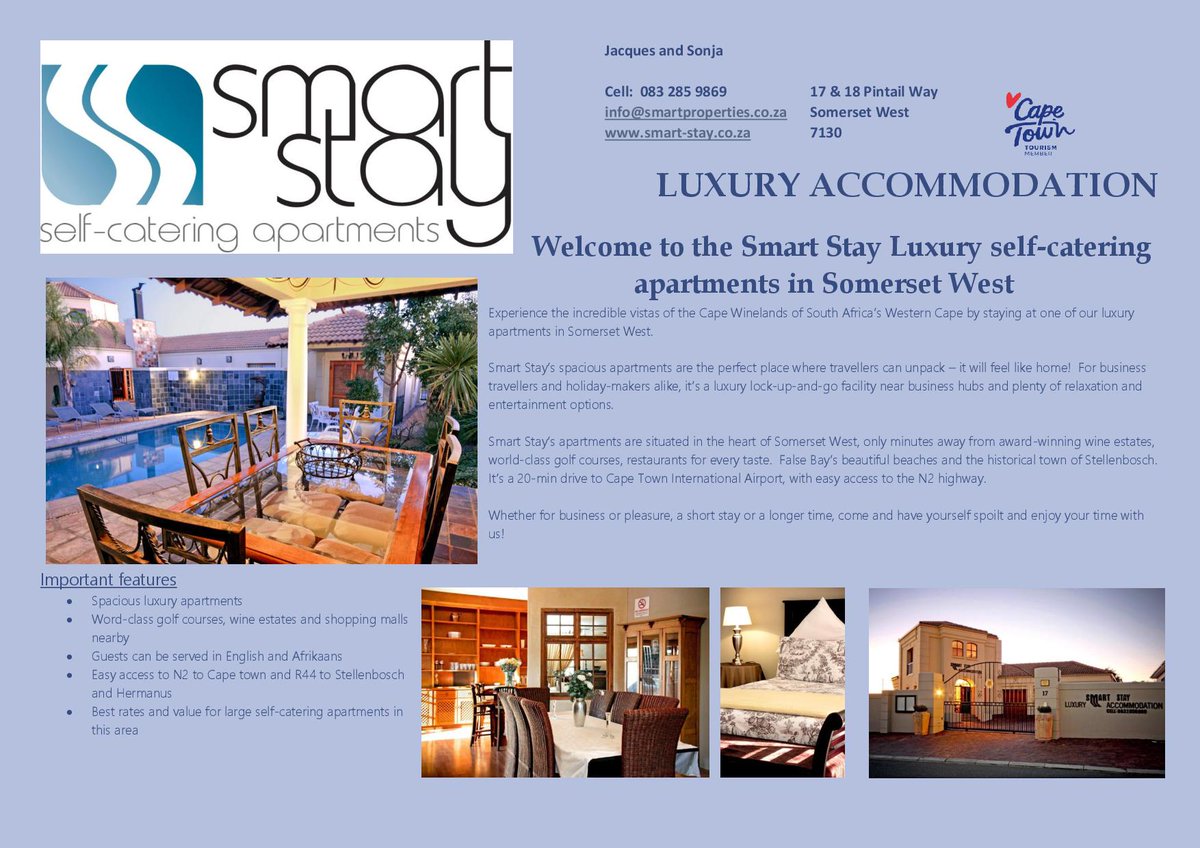 smartstay5's tweet photo. Cape Town accommodation for travelers, business travel and group bookings. Private pool &amp; secure parking. info@smartproperties.co.za https://t.co/glZSY9B75F #holiday #traveler #accommodation Book 2 nights &amp; stay 3rd for free https://t.co/f9qDQ3Z8Bf