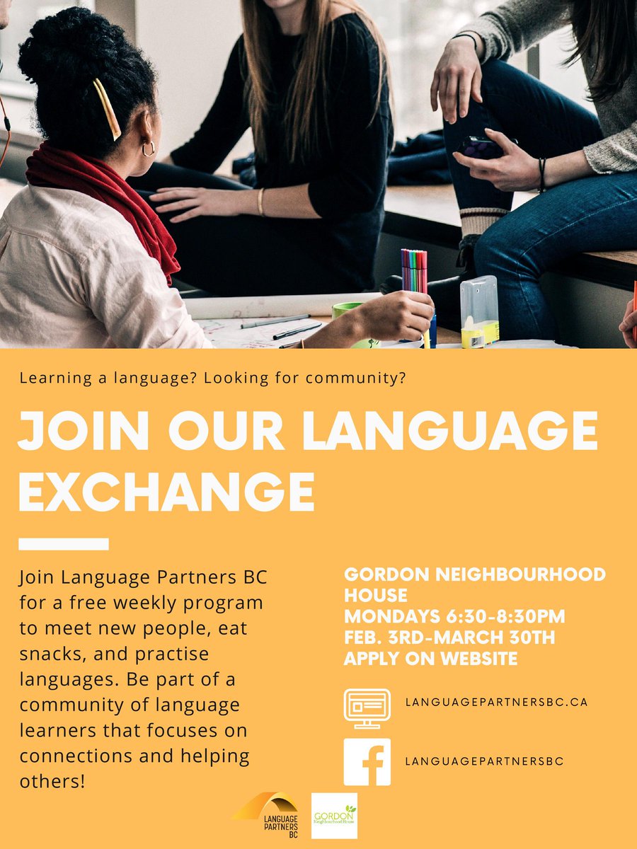 Starting in February, Language Partners BC will be offering a weekly language exchange program at Gordon Neighbourhood House.
registration is available here: languagepartnersbc.ca/programs
