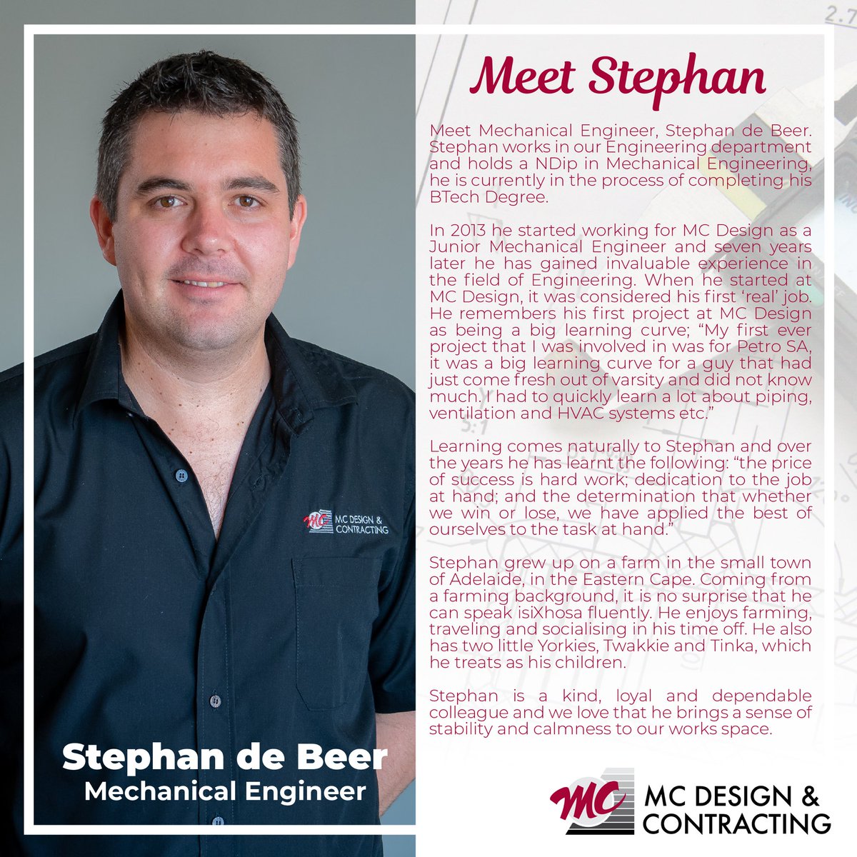 designcontract's tweet image. MEET THE TEAM | Today we meet Mechanical Engineer, Stephan de Beer. Stephan works in our Engineering department.

#mcdesignandcontracting #meettheteam #meetstephan