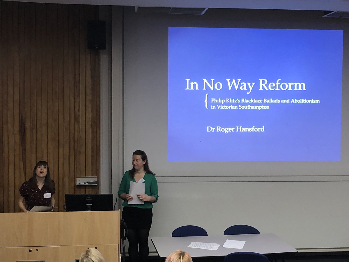 The Chair for our first panel on Slavery, Abolition &amp; Reform, Dr Hannah Young, introduces Clare Merivale, who is reading Roger Hansford’s paper on Philip Klitz’s “Blackface” Ballads and Abolitionism.