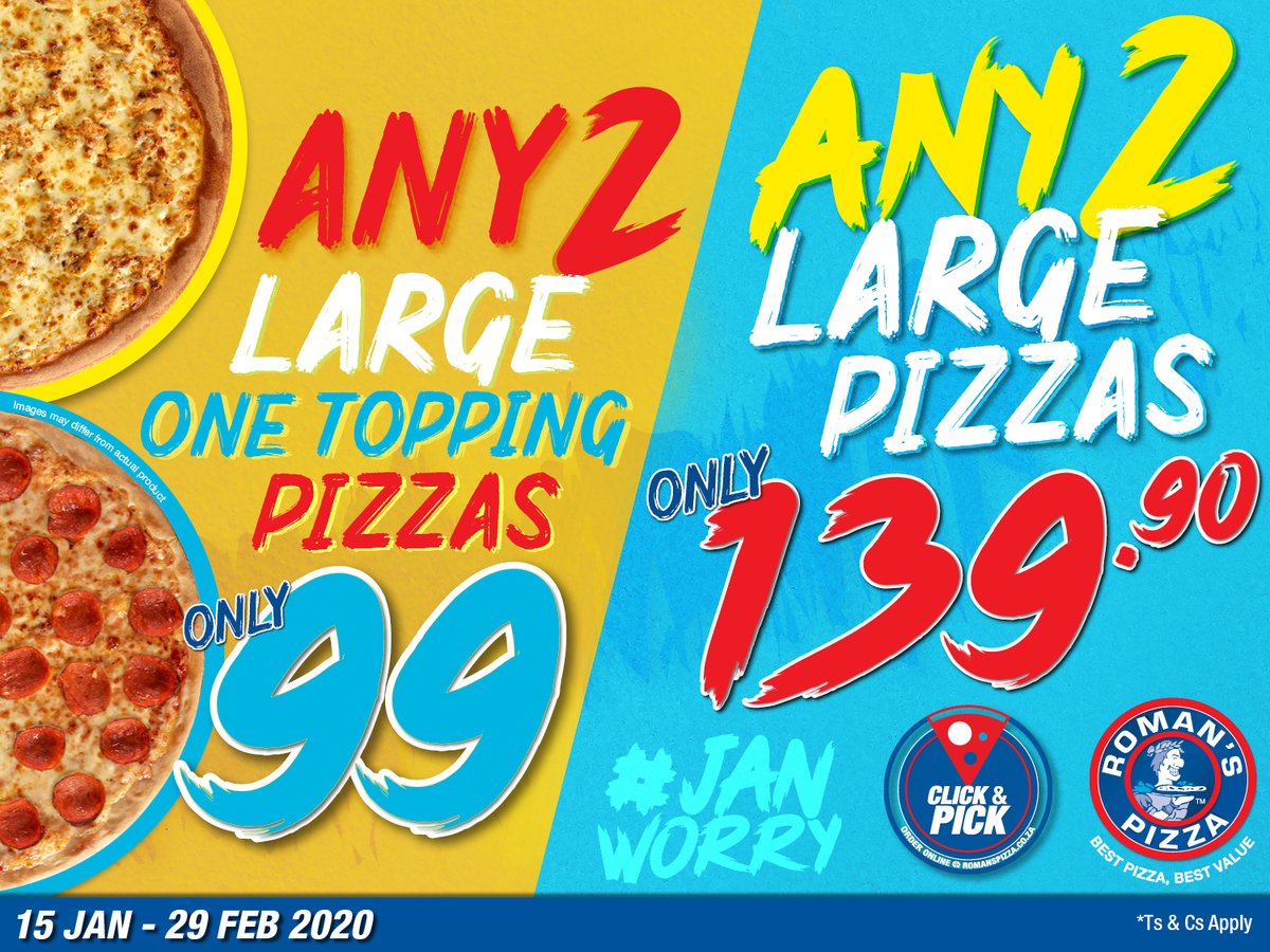 Roman S Pizza On Twitter Janworry Is Over With Roman S Pizza S Amazing Offers Get Two Large One Topping Pizzas For Only 99 Or Any Two Large Pizzas For Only 139 90 Offer Ends 29