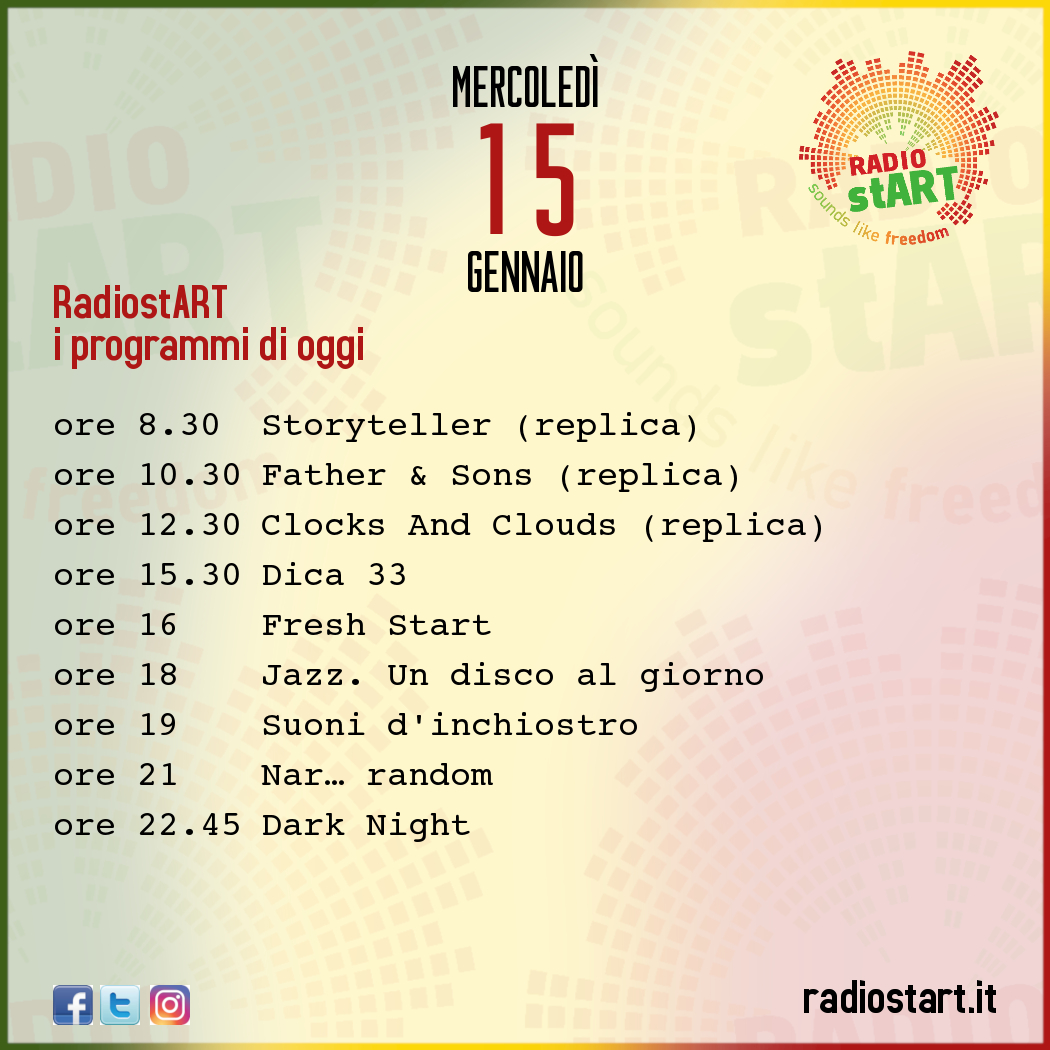ArtRadiost's tweet photo. RadiostART | i programmi di oggi, mercoledì 15 gennaio
ascolta RadiostART su https://t.co/5PXbyF1ngk o su TuneIn

#RadiostART #Programmi #Podcast #Repliche #Radio #Dica33 #FreshStart #jazzundiscoalgiorno #Narrandom #DarkNight #Mercoledì #wednesday #15Gennaio #January15th https://t.co/n3abeXpZ8N
