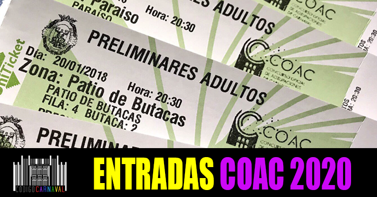 ⚠ ENTRADAS | Las entradas de las preliminares adultos del #COAC2020 se pondrán a la venta HOY en el Hall del Gran Teatro Falla y en internet. TODA LA INFORMACIÓN AQUÍ 
codigocarnaval.com/entradas-coac/