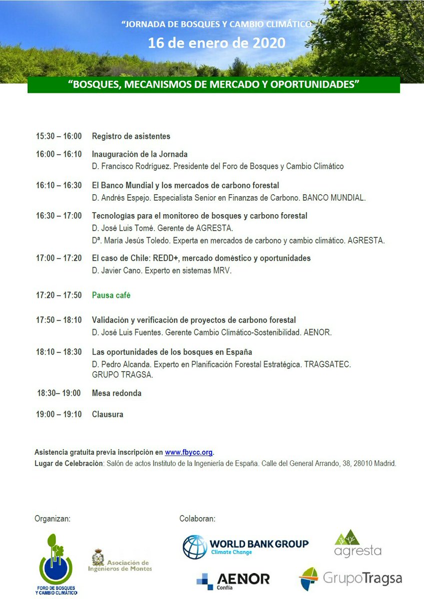 InfoFBYCC's tweet photo. Mañana celebraremos la Jornada "#Bosques, mecanismos de mercado y oportunidades" en @Ingenieria_Esp 

Con @AndresBEspejo del Banco Mundial, José L. Tomé @quecoak y María Jesús Toledo de @agrestascoop, Javier Cano, José Luis Fuentes de @AENOR y Pedro Alcanda de @GrupoTragsa https://t.co/nXjBmRFEi1