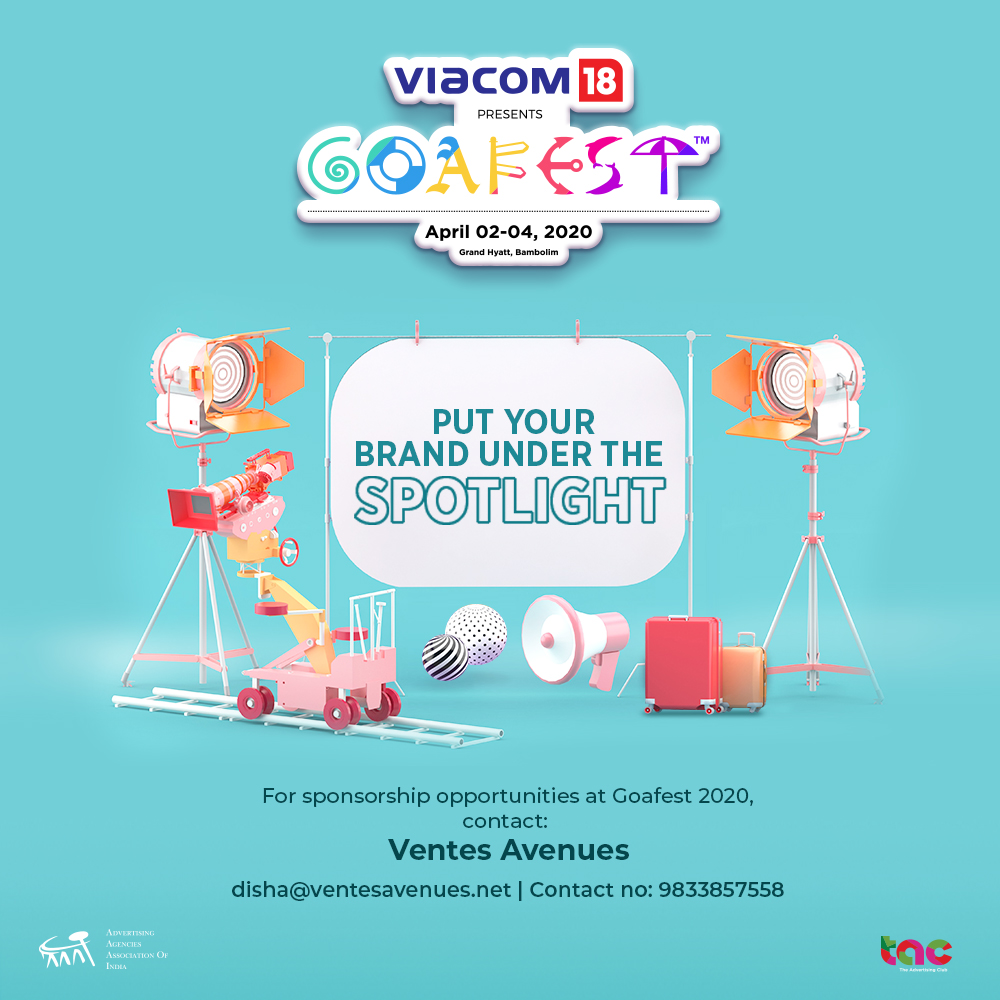 Don’t miss the limelight at India’s biggest creative carnival. Contact <a href="/VentesAvenues/">Ventes Avenues</a> to grab the best advertising spot for your brand and make a mark at Goafest 2020. 
#Goafest2020 #GoGoafest #Goa #Advertising #Media #Abby #Awards