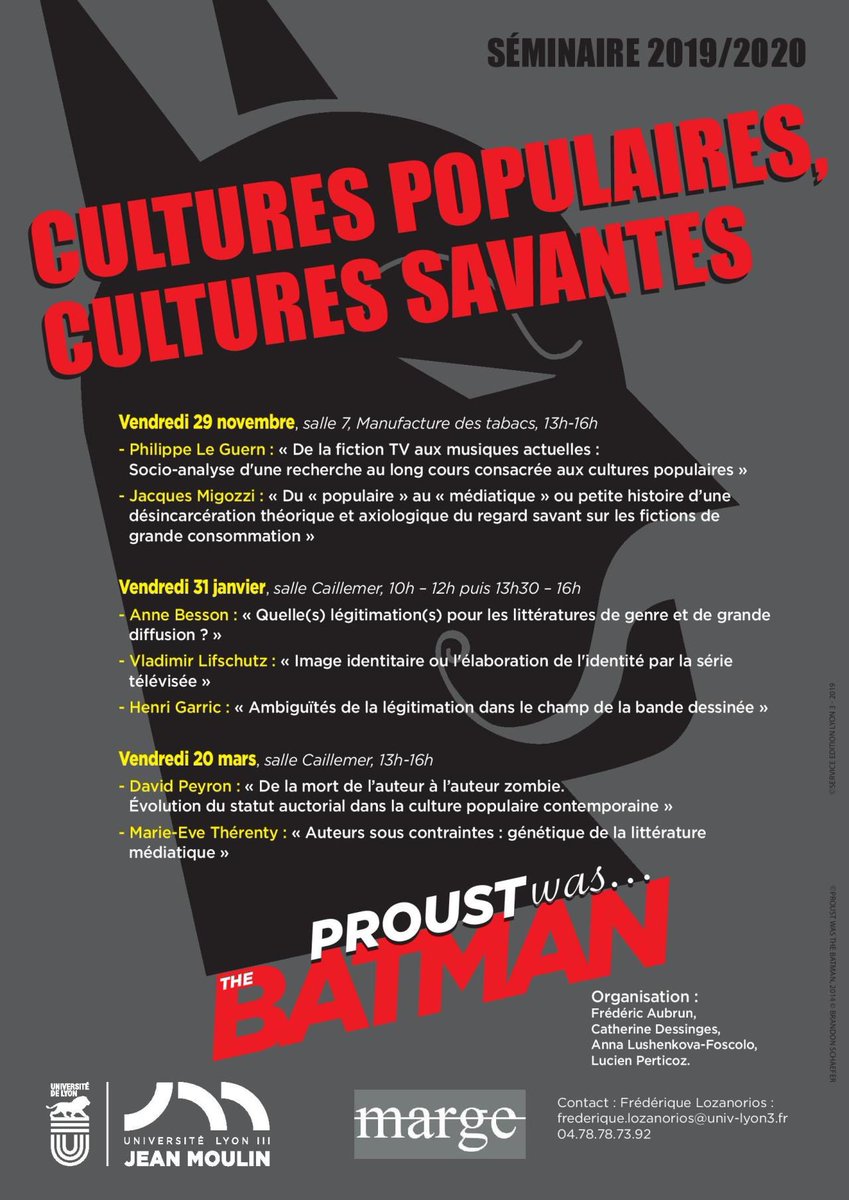 Rdv le 31/01 pour la séance 2 du séminaire "Cultures populaires 🦇 /🥴 cultures savantes" organisé par l’équipe MARGE <a href="/UJML/">Université Jean Moulin Lyon 3</a> qui abordera la culture populaire dans les études de la littérature et les industries culturelles et médiatiques.
Plus d'infos : calenda.org/713245