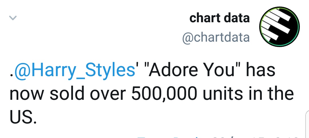 "Adore you" now sold over 500k units in the USA. Its harrys THIRD song off "Fine Line" to achieve this. "Lights Up", "Watermelon Sugar" and "Adore you" all sold over 500k units (each) and are eligible for Gold in the USA.