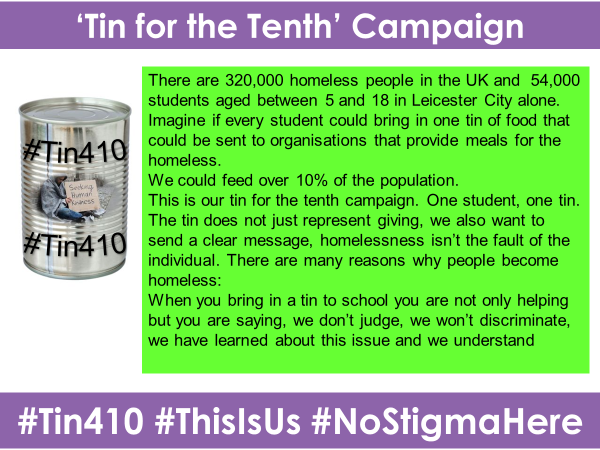 NCLSVoice's tweet photo. Can we get every student in Leicester to bring in a tin? Support our campaign and sign up your school using the hashtag #Tin410 #NoStigmahere. https://t.co/Xe9Z65UOV1