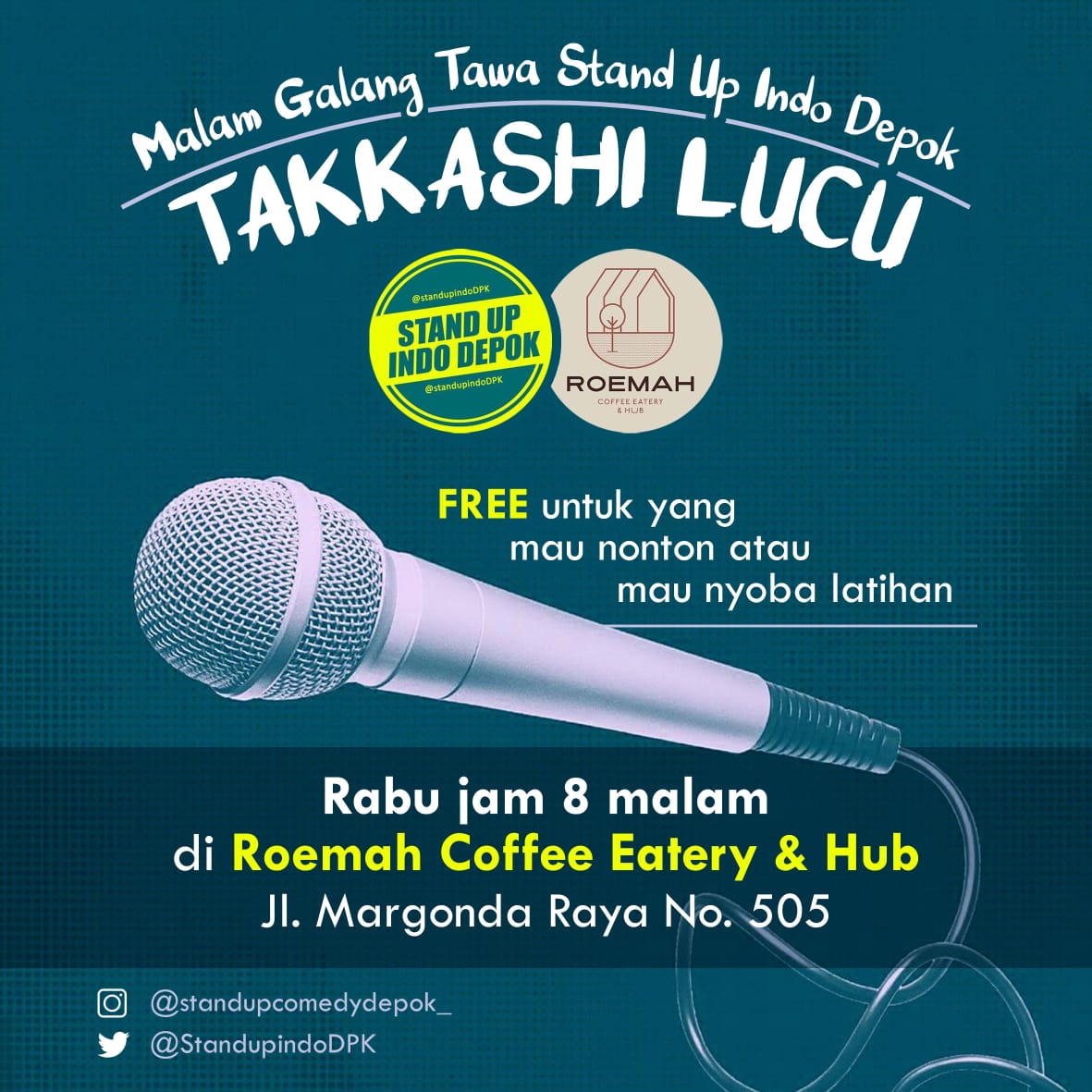 Jangan lupaa ya #TAKKASHILUCU nanti malem pindah ke Roemah Coffee Eatery &amp; Hub di Margonda jam 8 malam yaaa