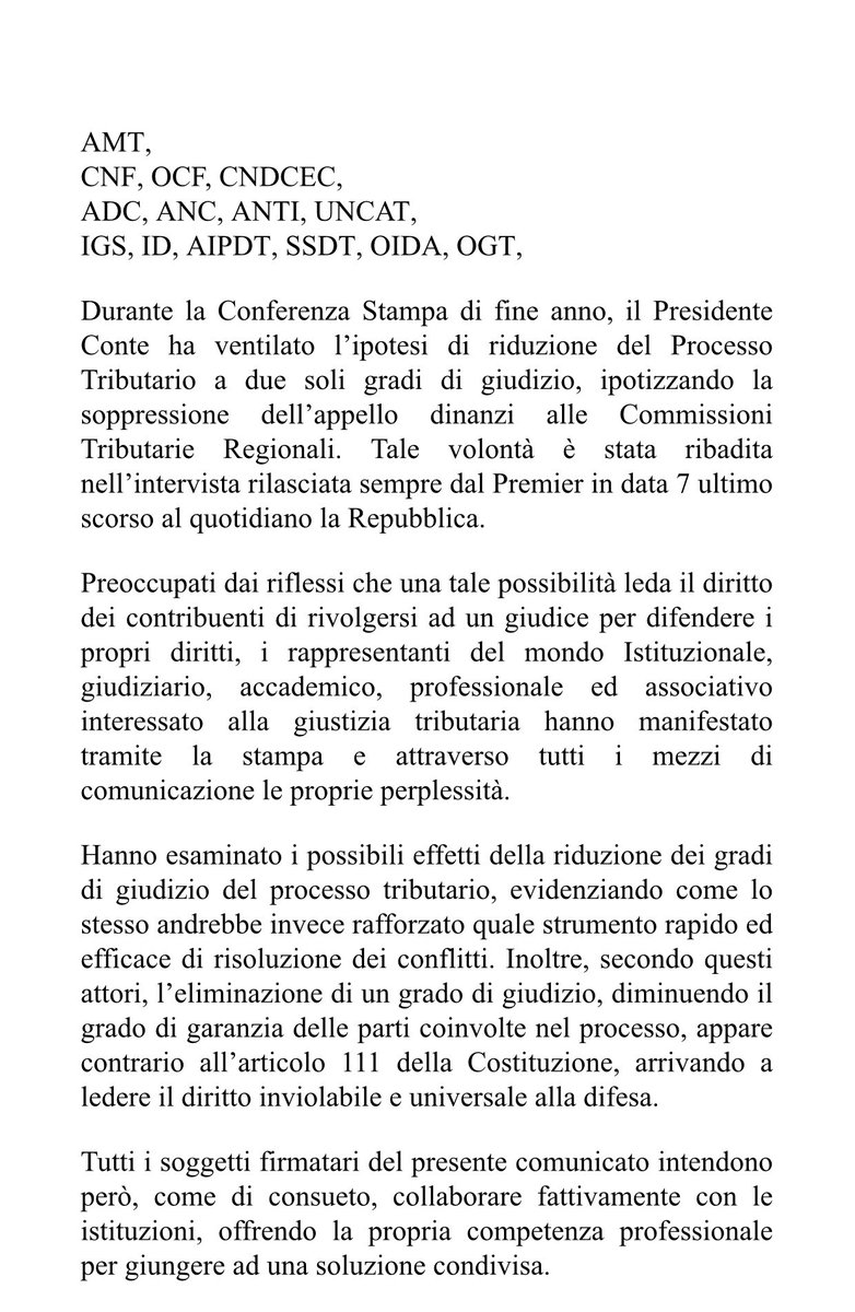 adc_nazionale's tweet photo. L’abolizione di un grado di giudizio tributario lede l’art 111 della Costituzione e viola il diritto di tutela del contribuente. Il comunicato congiunto propone l’apertura di un tavolo tecnico congiunto. https://t.co/qoE4e5rlE4