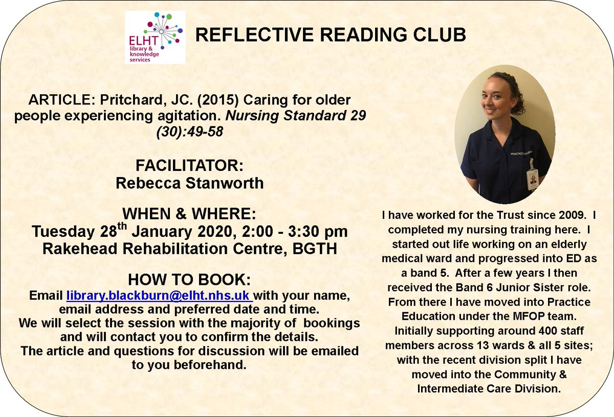 elhtlibrary's tweet photo. #ReflectiveReadingClub 
@elhtlibrary
 on 28/01/2020 at Burnley 👇
📧library.blackburn@elht.nhs.uk to book your place &amp; receive a copy of the article.
Open to all #ELHT healthcare staff &amp; students
#ELHT #RRC #Learning #reflection #CPD#revalidation
@bazzie1967 @beckystanworth1 https://t.co/WIyjKdTq9n