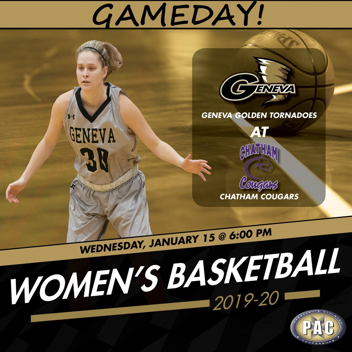 GenevaAthletics's tweet photo. It's another Gameday today as the women travel to Chatham to take on the Cougars at 6PM!  #pachoops #GTNation https://t.co/Hr0ggj1hxW