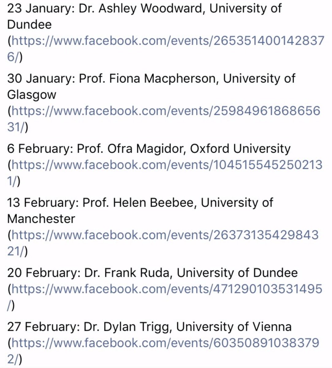 A list of speakers seminars that the Edinburgh University philosophy society are running.