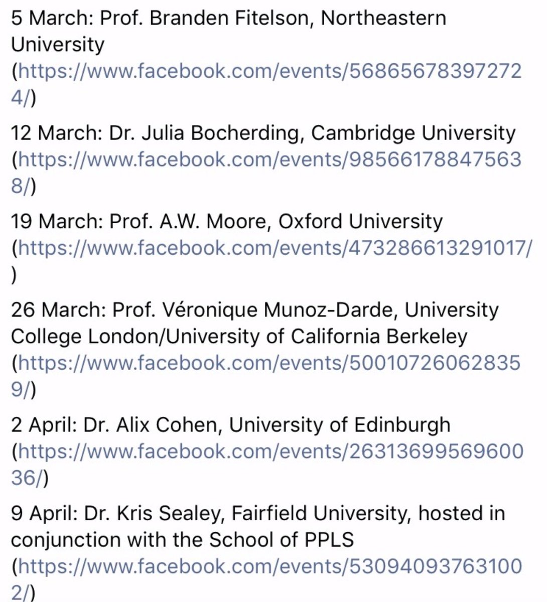 A list of speakers seminars that the Edinburgh University philosophy society are running.