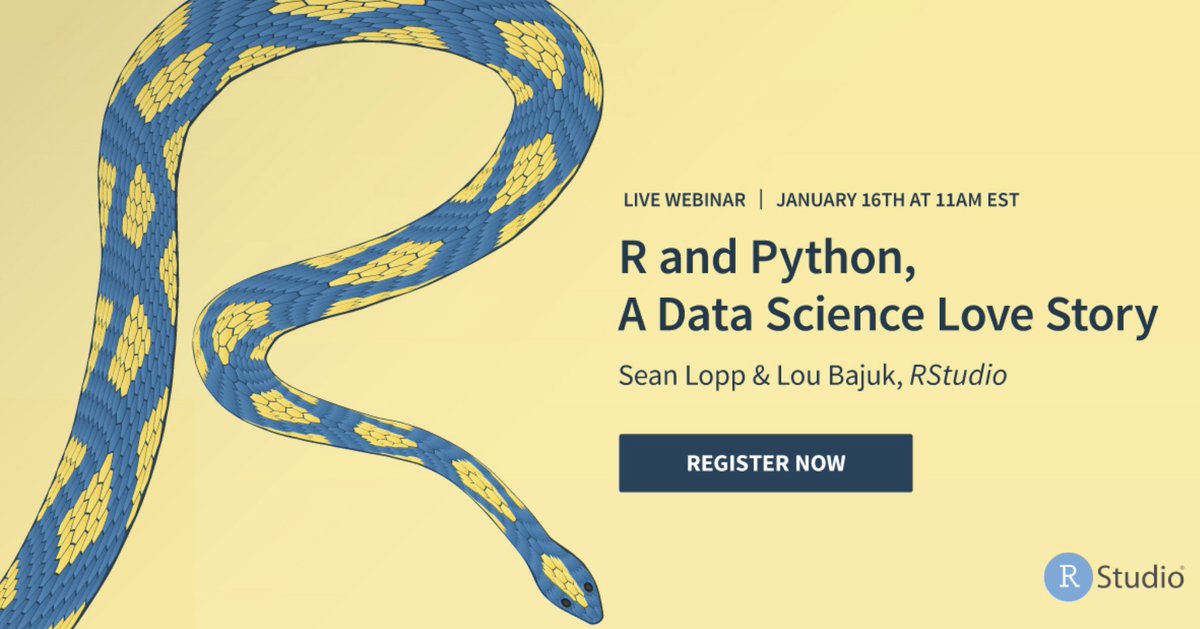 R and Python, a data science love story - register for the webinar. The snake is in the shape of an R