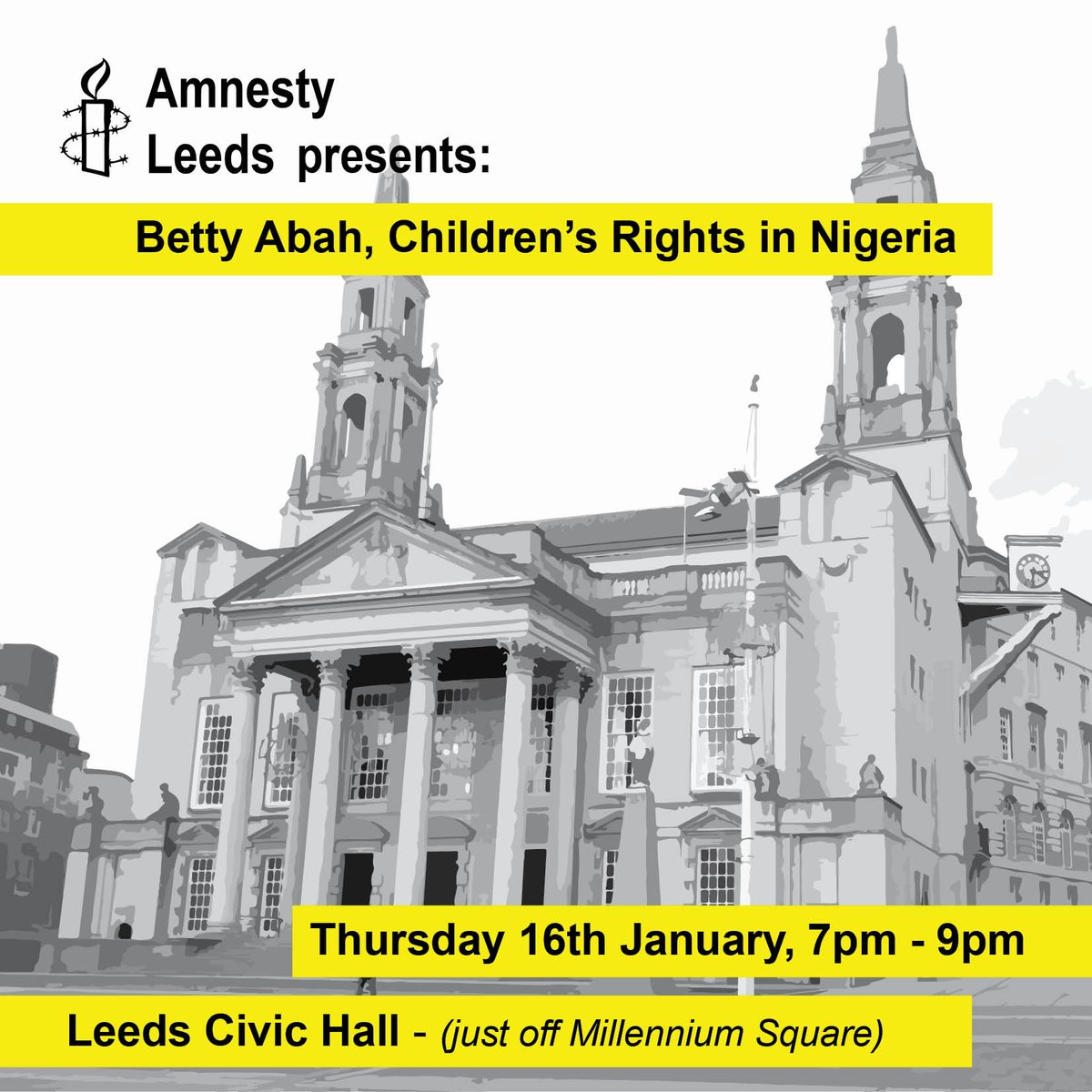 First meeting of the year tomorrow, we'll be joined by Betty Abah, Founder of CEE-HOPE Nigeria, Journalist and  Human/Child's Rights Activist talking about here work. Join us 7pm at Leeds Civic Hall, LS1 1UR.