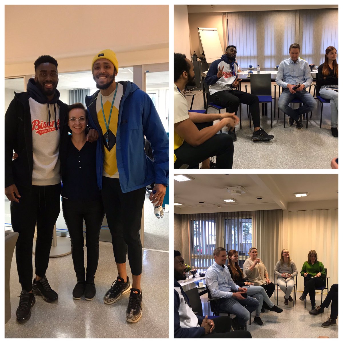 Biisonit's tweet photo. Teaching English at @ValloxOy today. 🏀📓🧮👍🏼

Fun afternoon with HR Developer @TanjaAltti and other ”students”. 😊 
See you again in two weeks!

#bisons #basketball #vallox #globalgame https://t.co/akmQF97fVx