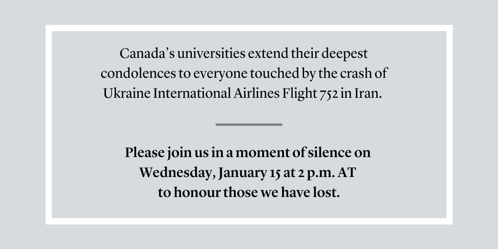 StThomasU's tweet photo. St. Thomas will be joining Canada’s universities in a national moment of silence at 2 PM today, to honour all those who perished in the devastating crash of UIA-752 in Iran. https://t.co/tbMd9SqR4V
