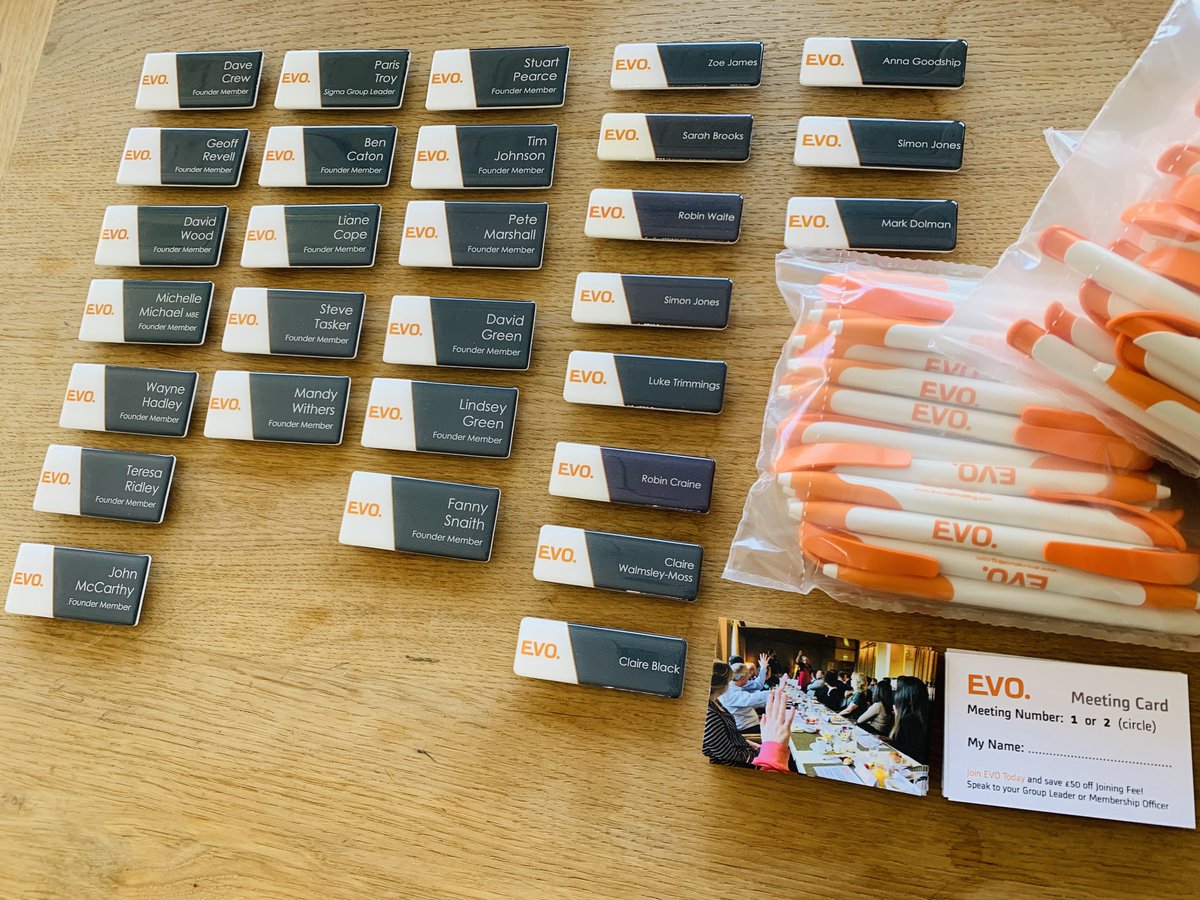 EvoNetworking's tweet image. Just some of our new EVO Members this month with new badges, pens and meeting cards too. All dates for meetings coming soon are here: evo-networking.com/new-events