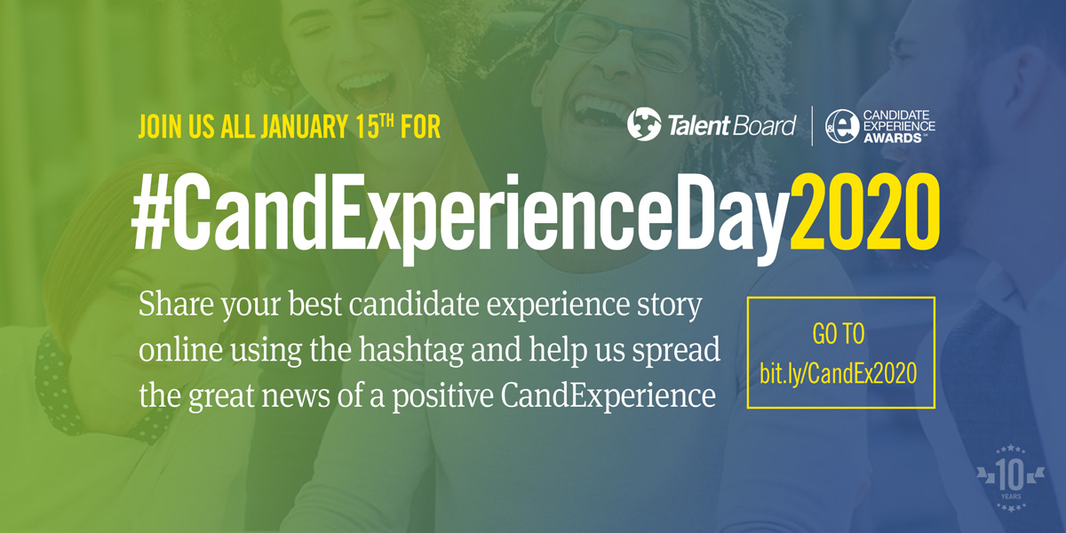 #CandidateExperience Day is today! Join Talent Board in sharing your positive candidate experiences on social media using #CandExperienceDay2020 &amp; help us kick off #TheCandEs 2020 benchmark research program! 2 great webinars &amp; a twitter chat today! - bit.ly/CandEx2020