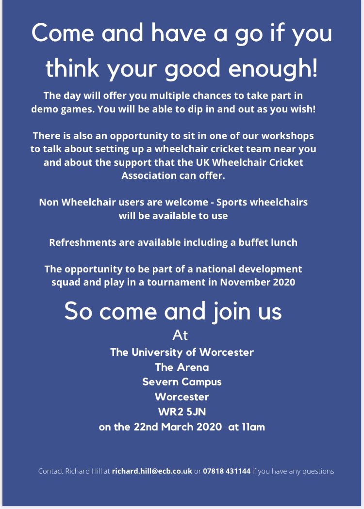 UKWCricket's tweet photo. We are hosting our very first Wheelchair Cricket ‘Have A Go Day’ 
@worcester_uni on 22nd March 2020 . 
Please see the flyer below with all the details about the day. 
To Sign up visit our Website:
 https://t.co/kxzGwfLxHS
#UkWheelchaircricket #Haveagoday
 #Cricket https://t.co/2erTfFuA5B