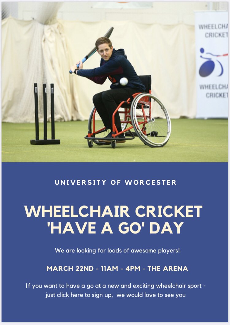 UKWCricket's tweet photo. We are hosting our very first Wheelchair Cricket ‘Have A Go Day’ 
@worcester_uni on 22nd March 2020 . 
Please see the flyer below with all the details about the day. 
To Sign up visit our Website:
 https://t.co/kxzGwfLxHS
#UkWheelchaircricket #Haveagoday
 #Cricket https://t.co/2erTfFuA5B