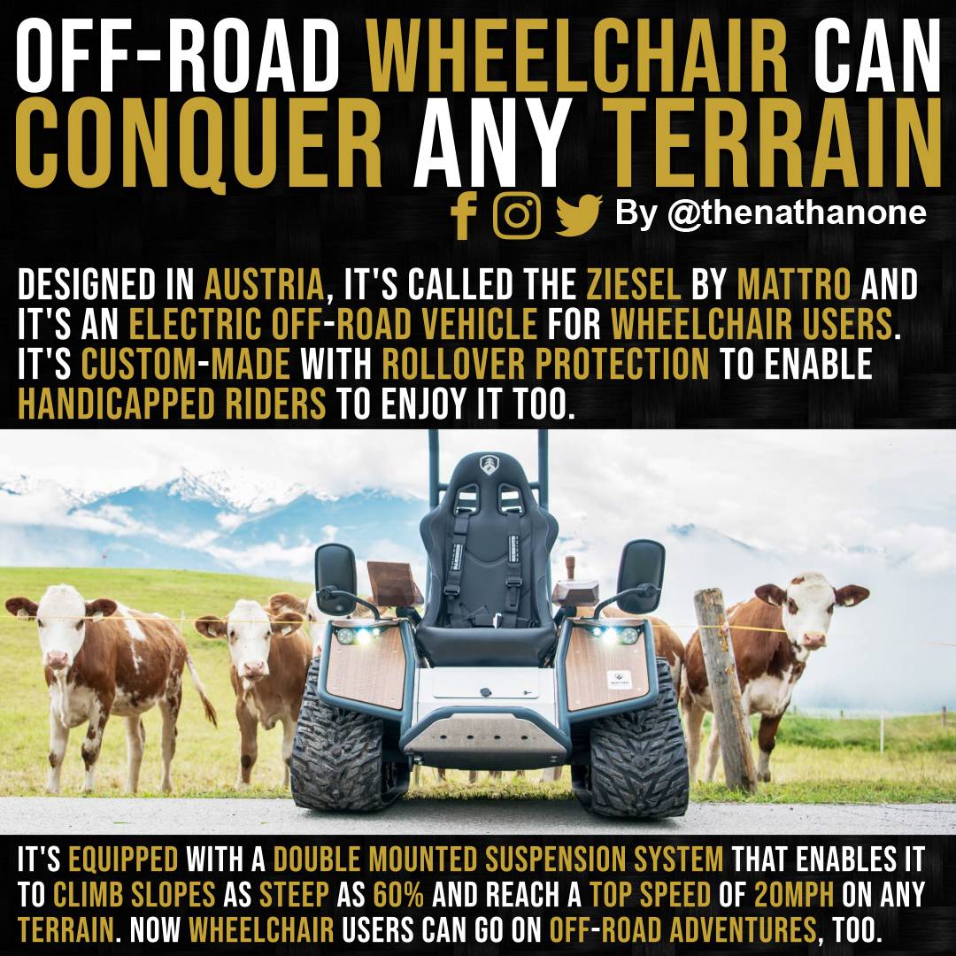 TheNathanOne's tweet image. Must see! 

Designed in Austria, it&apos;s called the Ziesel by Mattro and it&apos;s an electric off-road vehicle for wheelchair users. It&apos;s custom-made with rollover protection to enable handicapped riders to enjoy it too. 
#ai
#technology
#techthatmatters 
#machinelearning
#future