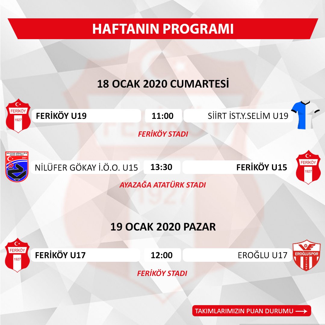Ferikoysporfa's tweet photo. Feriköy Futbol Akademisi’nde Haftanın programı ⚪🔴 #feriköy #feriköyfutbolakademisi #sampiyonferiköy #ferikoyunmacivar #futbol #U17 #U15 #u19 #ferikoystadi #siirtistanbulyavuzselimspor #nilufergokay #eroğluspor #eroglu @bjkakademi @gsfutbolakademi1905 @fbakademi @ibfkakademi https://t.co/QK00KaYXmb