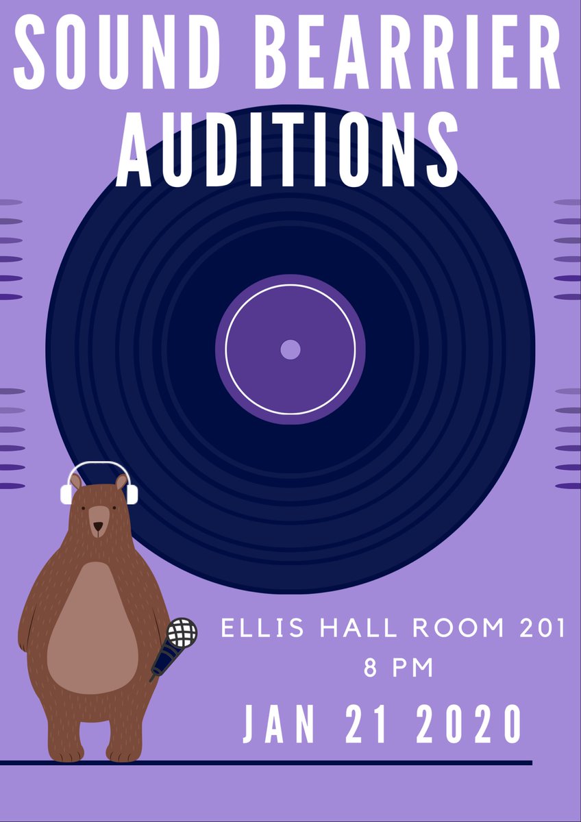 Join us this up coming Tuesday for our spring auditions! Come prepared with a verse and a chorus of your favorite song to sing. We are also looking for a beatbox protégée. So show us what you got. See you soon!! 🐻