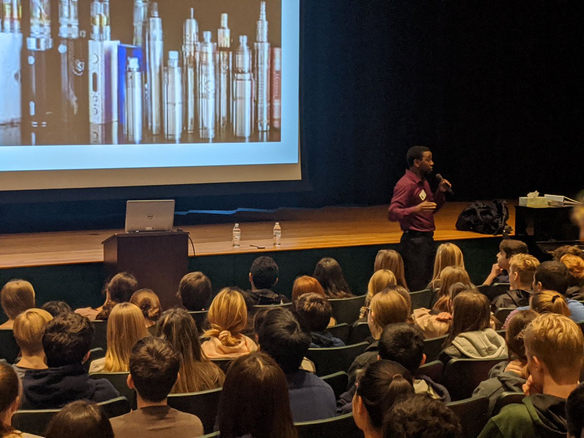 Jonathon Augustin, from Children's Aid and Family Services, met with students in grades 5-8 to educate students about vaping, its dangers, and ways companies try to attract adolescents to use their products.