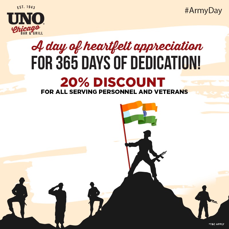 Unosindia's tweet photo. Saluting the valour and spirit of our heroes on Army Day! 20% Discount for all Indian Armed Forces personnel.
.
For Reservations: https://t.co/fZeai5ha7E
.
#UnosIndia #Pizza #DeepdishPizza #Chicago #UnosGrill #UnoChicago #india #Kolkata #Noida #Delhi #DelhiFoodies #ArmyDay2020 https://t.co/y6q7QYX6ir