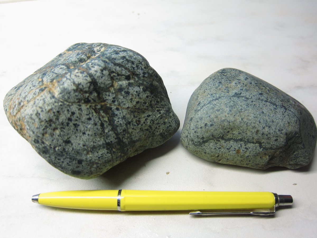  #GlacialErratics lost siblings reunited? #mafic rocks (metabasalt?)Found in: Malå (left); Umeå, esker (right), ca. 170 Km apart.Notes: they've very similar textures and contain magnetite (darker crystals/veinlets).