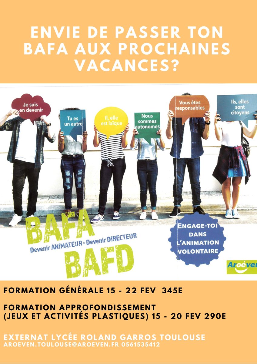 Vous avez plus de 17 ans et l'envie de travailler auprès des jeunes? Que vous ayez de l’expérience en animation ou pas, le Bafa vous permet d'encadrer des jeunes de 3 à 17ans. 
Pour plus d'information:
aroeven-occitanie.fr
aroeven.toulouse@aroeven.fr
0561535412