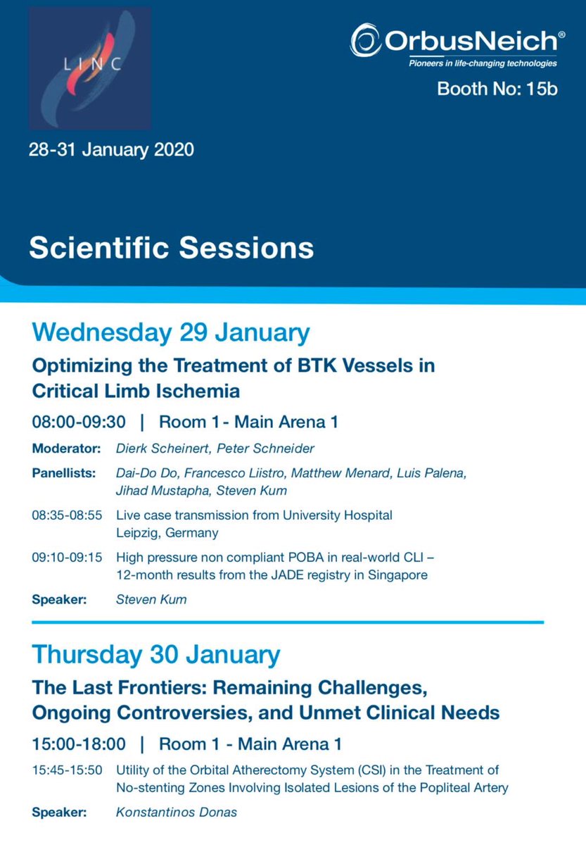 Liebe Angiologen, Gefäßchirurgen und interventionelle Radiologen,
Besuchen Sie uns am Stand 15b beim diesjährigen LINC Kongress!
Erfahren Sie im Live Case aus Leipzig mehr über die #OrbitalAtherectomy.
#OrbusNeich #CSI #CSI360 #PlaqueModification #SevereCalcium #BTK