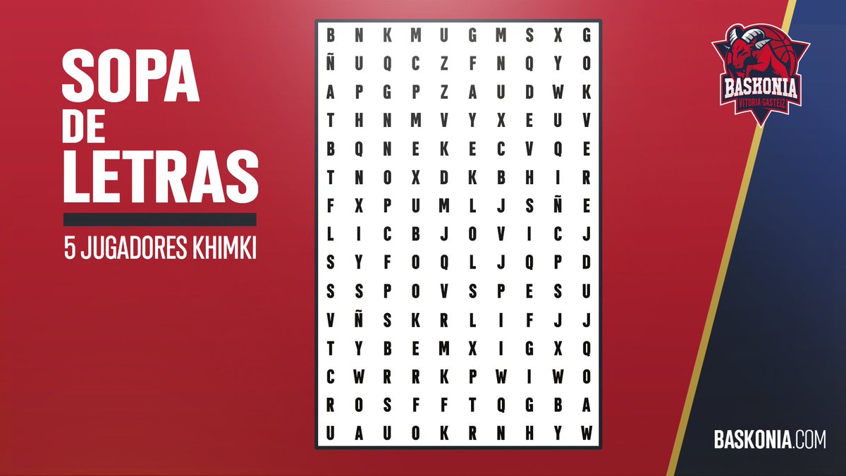 Baskonia's tweet photo. 🚨 CONCURSO 🚨 
¿Quieres vivir una experiencia VIP doble con acceso a zona mixta en el partido 🆚 @Khimkibasket ? 👇

1⃣ FOLLOW 
2⃣ RT 
3⃣ Encuentra y comenta a los 5 jugadores que aparecen en la sopa de letras

#GoazenBaskonia https://t.co/zD5zi5XfIr