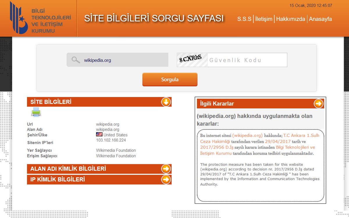 Wikipedia sitesinin gerekçeli karar sonrası bazı haber siteleri tarafından yapılan açıldı iddiası doğru değildir.

Şu saat itibarıyla Wikipedia'ya hala giriş yapılamamaktadır.

BTK'tan sorgulatınca da tedbir uygulamasının devam ettiği görülmektedir.

#Wikipedia #wikipediaaçılsın