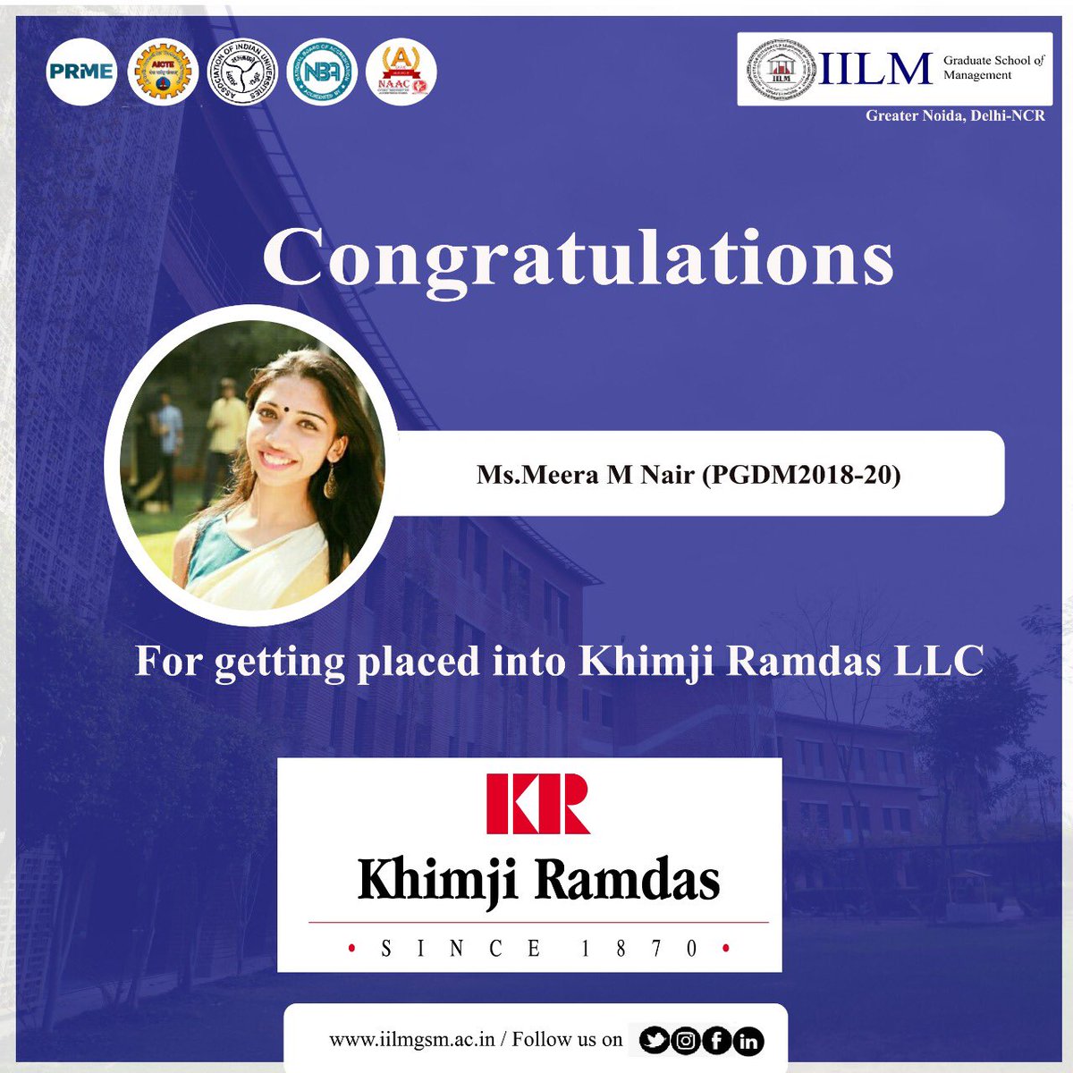 IILM_GN's tweet photo. “The harder you work for something, the greater you’ll feel when you achieve it.”
IILM GSM congratulates Meera for getting placed in Khimji Ramdas LLC.
#Management #PGDM #BestBSchool #ExperientialLearning #IILMGSMotivated #LifeatIILM #StudentsofIILM #MyIILM #Admi #learning https://t.co/fsi9D7wFof